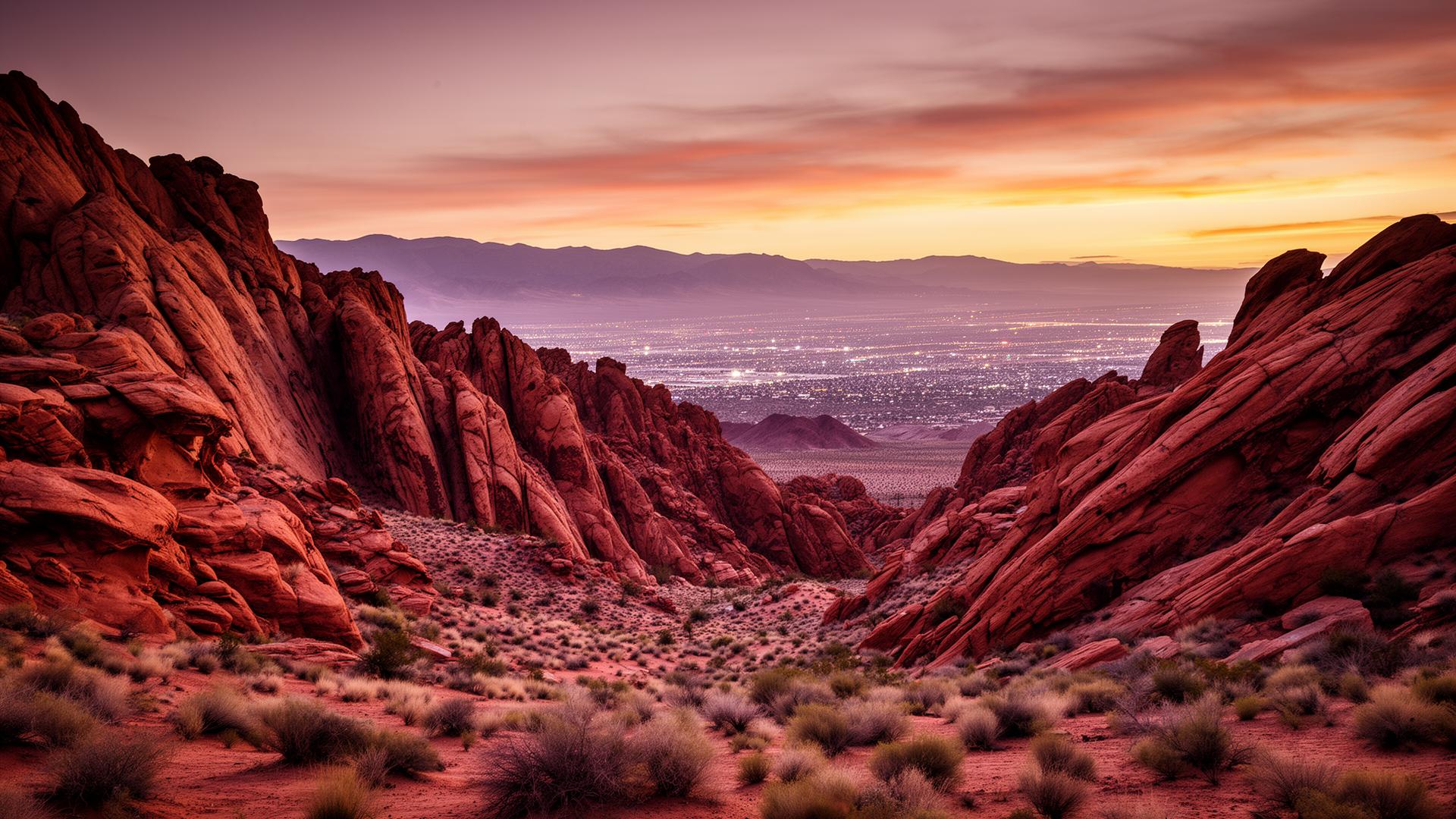 Red Rock Canyon at golden hour overlooking the Las Vegas valley