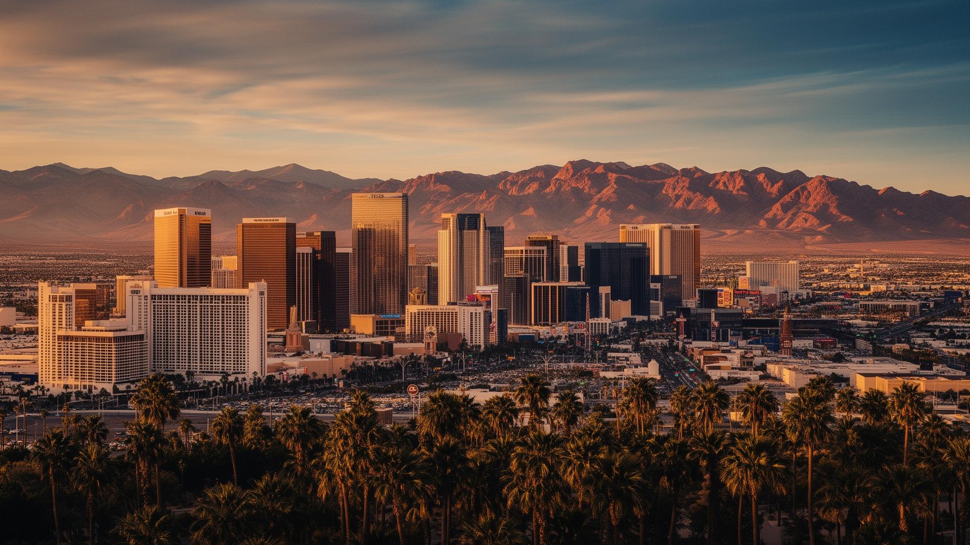 Las Vegas skyline at golden hour with desert mountains in the distance