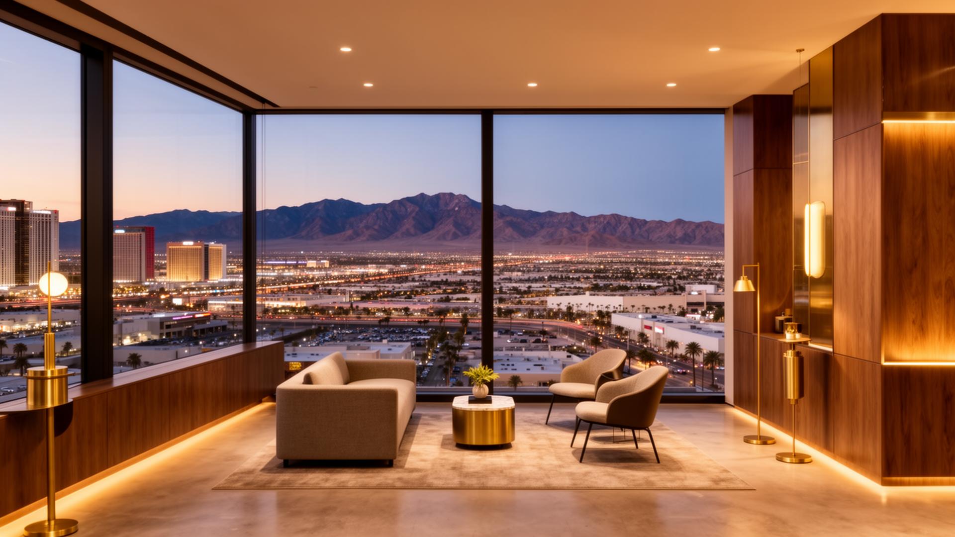 Modern Las Vegas office overlooking the Strip and desert mountains at dusk