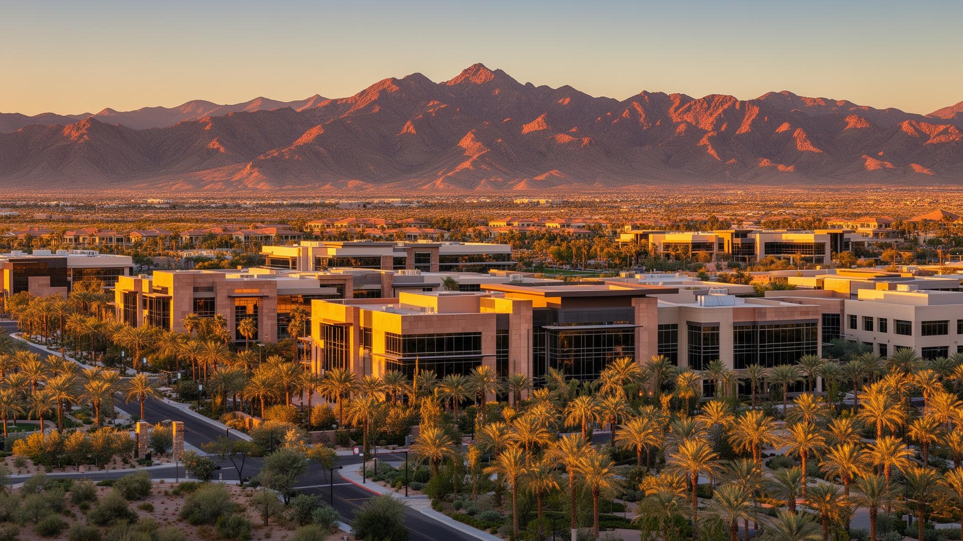 Summerlin business district at sunset with Red Rock mountains in the background